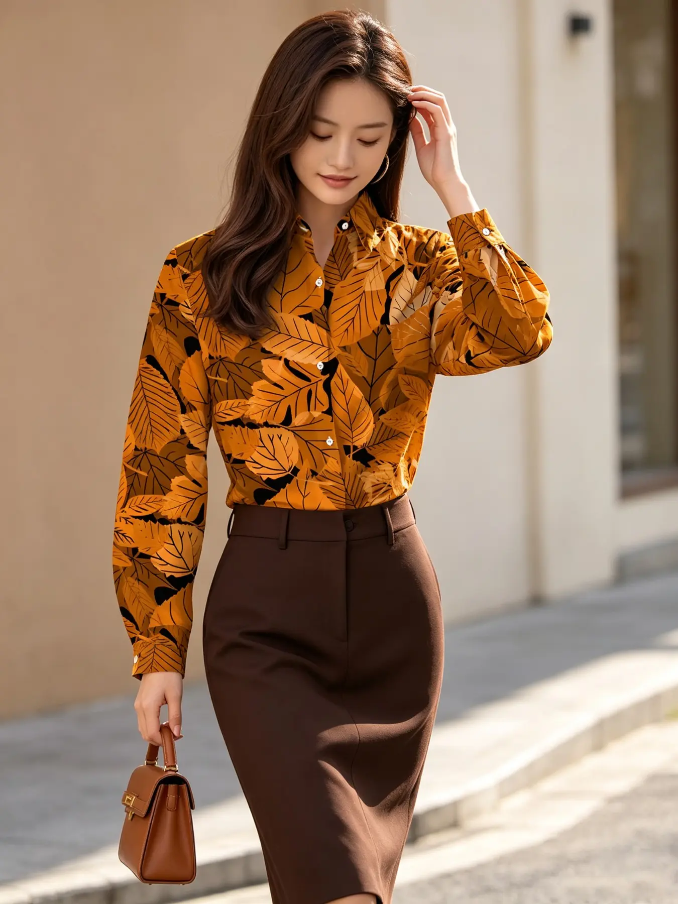 2026 New Women's Caramel Vintage Leaf Print Blouse, Button Fall Atmosphere Maple Leaf Collar Long Sleeve Commute Shirt