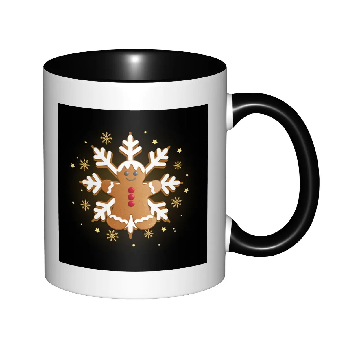 Classic 11oz Curved Ceramic Coffee Mug - Snowflake-Shaped Gingerbread Man Print, Golden Star Accent, 2-Tone Black Interior Drinkware, Festive Winter Christmas Gift for Family, Two-Tone