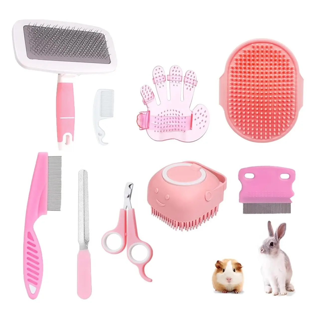 9PCS Small Animal Grooming Kit with Cleaning Brush, Pet Bath Brush, Shampoo Brush, Nail Clipper & Flea Comb for Rabbit, Puppy, Kitten, Guinea Pig (Pink)Gift