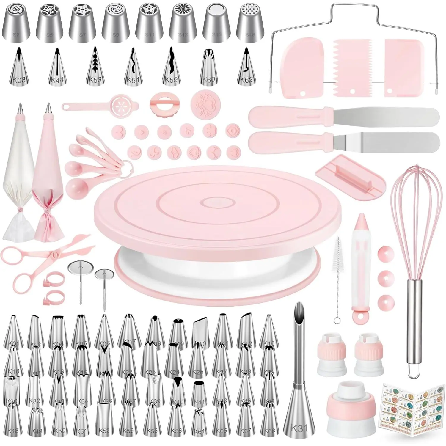158PCs Cake Decorating Kit, Baking Supplies Tools - Includes Cake Stand Turntable, 64 Icing Piping Tips Set, 2 Frosting Spatulas, 3 Scrapers, 50+2 Pastry Bags, Coupler, Video Tutorial, Booklet