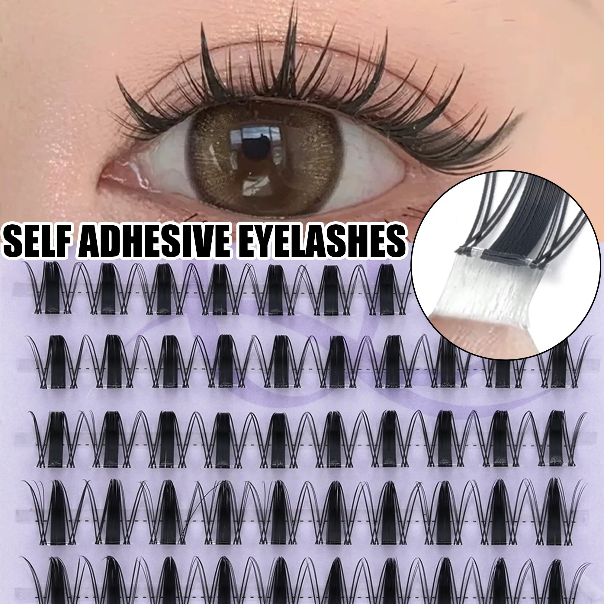 10 Pairs 100 Stems C-Curl Self-Adhesive False Eyelashes, No Glue Needed, Comic Style Makeup, Easy to Use, Natural Look, DIY Lash Extensions