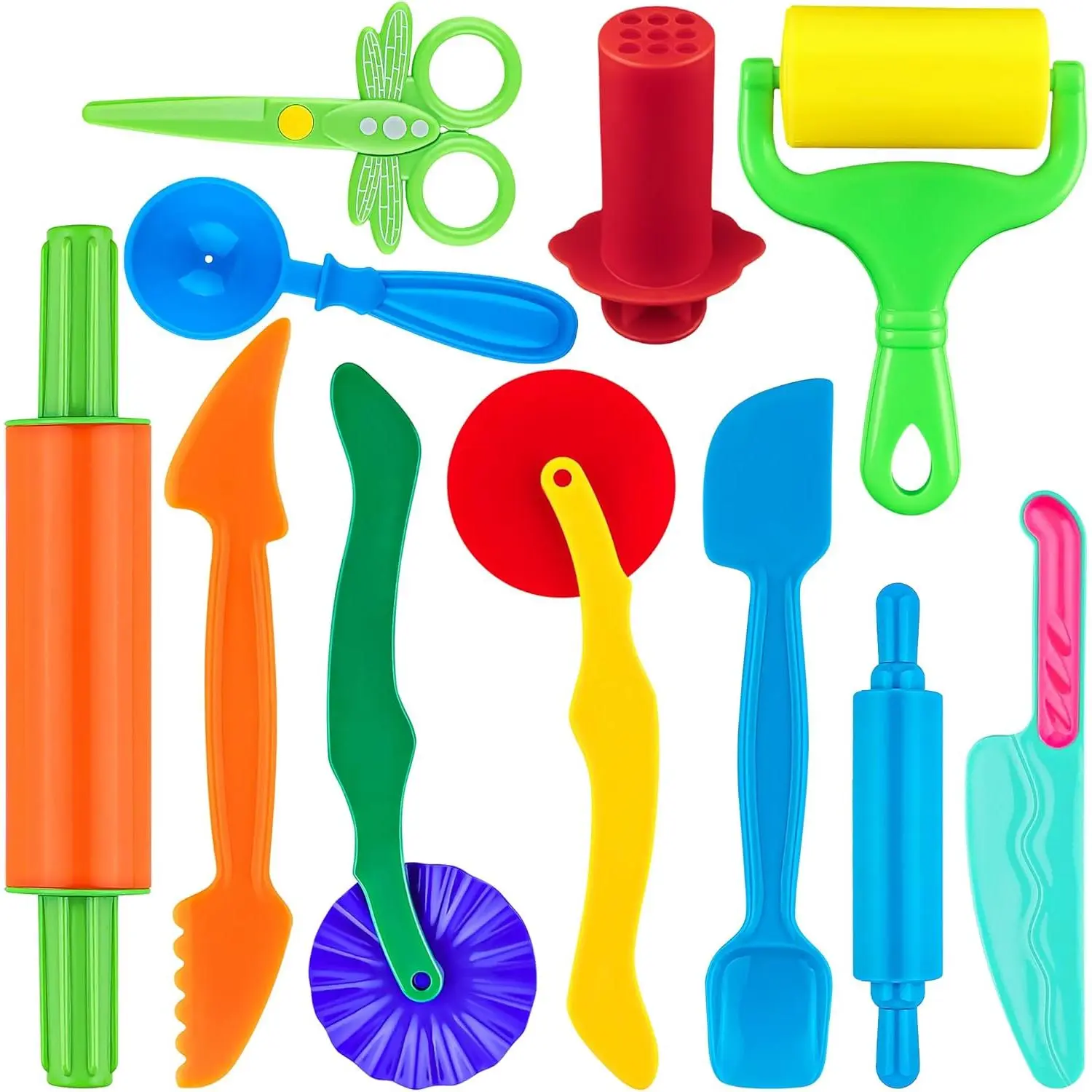 11 PCS Basic Dough Accessories Starter Set for Kids with Pizza Cutters, Safety Scissors, Rolling Pin, Roller, Extruder, Spoon, Plastic Knifefidget toys