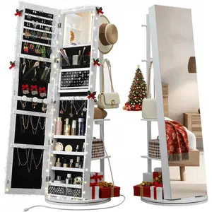 360° Swivel Mirrored Jewelry Cabinet with Full-Length Mirror, Charging Station, Lockable Standing Jewelry Organizer with Rear Storage Shelves, Interior Mirror, LED Lights, White