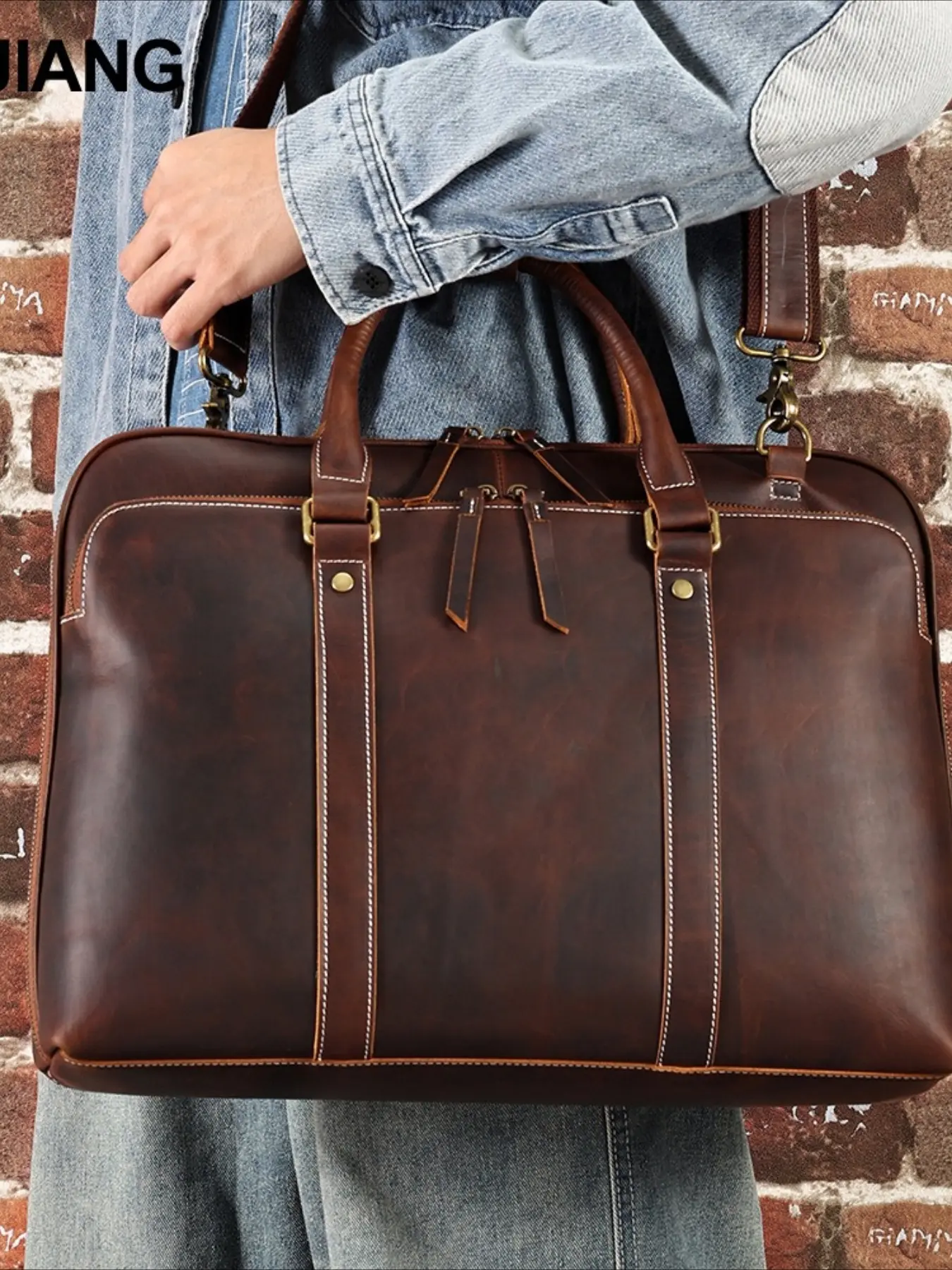 Vintage Crazy Horse Leather Men's Briefcase Multifunctional Business Cowhide Handbag Genuine Leather Crossbody Computer Bag