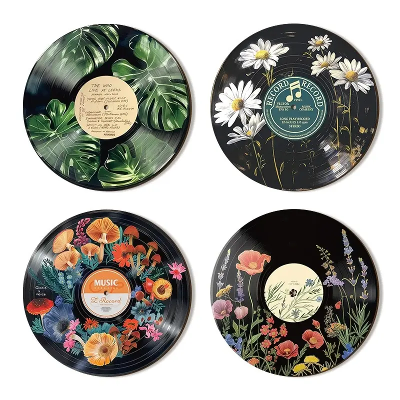 Set of 4 Retro Vinyl Record Wooden Plaques, solid wood with natural grain. American country style, classic shape full of retro vibe. Wall hangings for bars, farmhouses, homestays, cafes and home decoration.