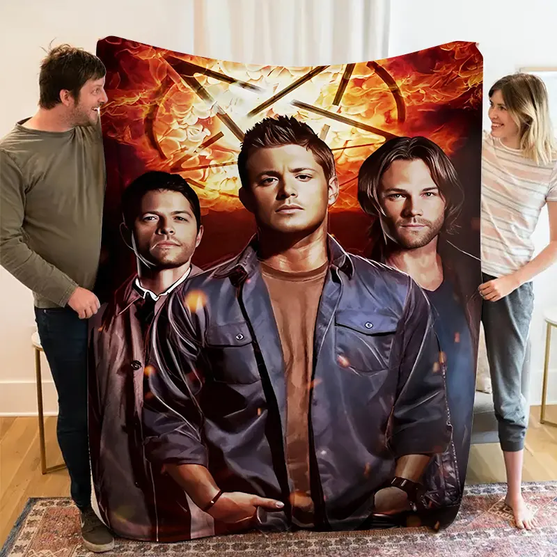 Supernatural Flannel Throw Blanket Sam Dean Winchester Castiel Character Portrait Anti‑Possession Symbol Fiery Orange Background Horror Fantasy TV Show Soft Fleece Blanket Sofa Bedroom Fan Decor Gift