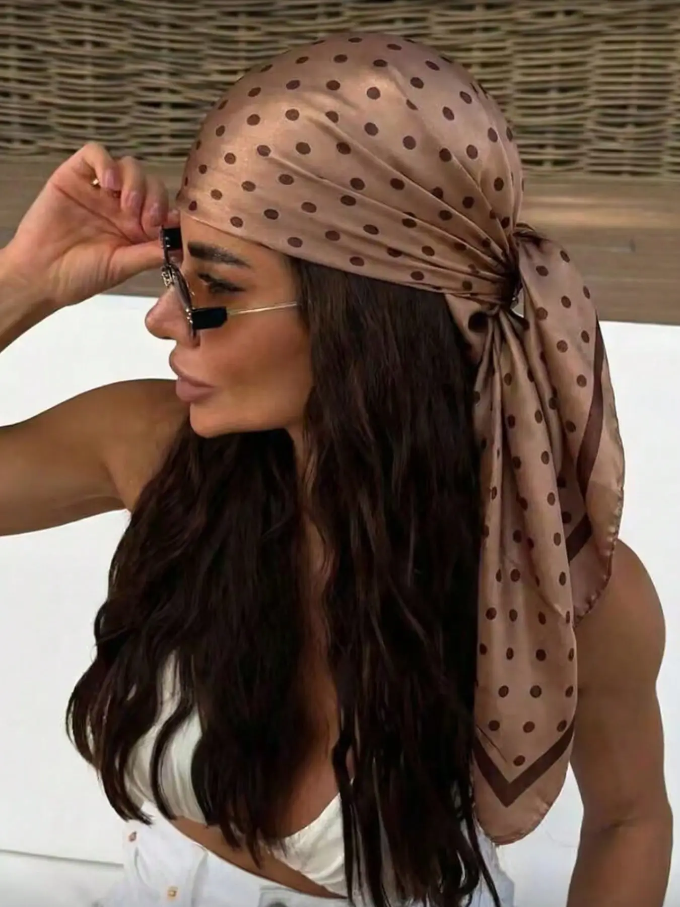 Chocolate Polka Dot Glossy Satin Head Scarf, Casual Hair Wrap Turban, Multi-Use Neck Scarf, Summer Beach Accessory, Fashion Headscarf, Fashion Hair Scarves, Scarf For Hair