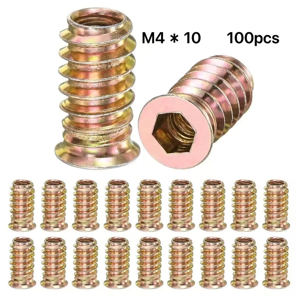 100 PCS M4x10mm Threaded Wood Inserts, Wood Inlaid Screws, Hex Drive Self-Tapping Insert Nuts, Zinc-Plated Carbon Steel Furniture Fasteners, Ideal for Repairing Cabinets, Chairs and DIY Projects; Hex Socket Drive Nuts, Bolts & Fastener Connectors.