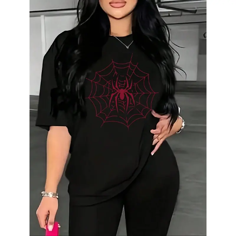 Women's Pure Cotton Spider Web Print Round Neck Short Sleeve Regular Fit Soft Jersey Tee, Casual Top for Summer Daily Wear, Halloween Animal-Themed Womenswear