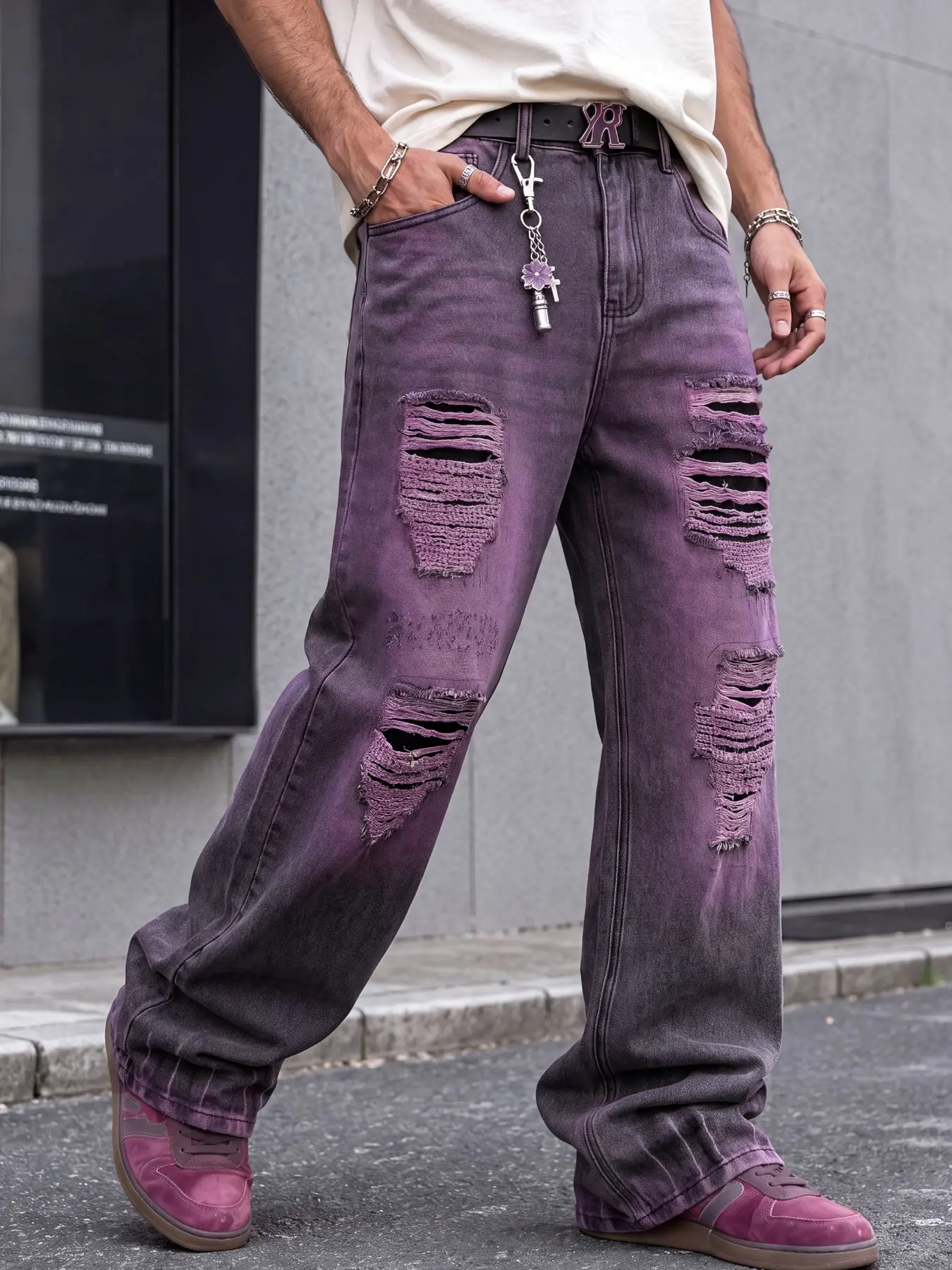 Men's Y2K purple loose wide-leg denim pants, washed gradient craftsmanship, ripped frayed design, American trendy street style
