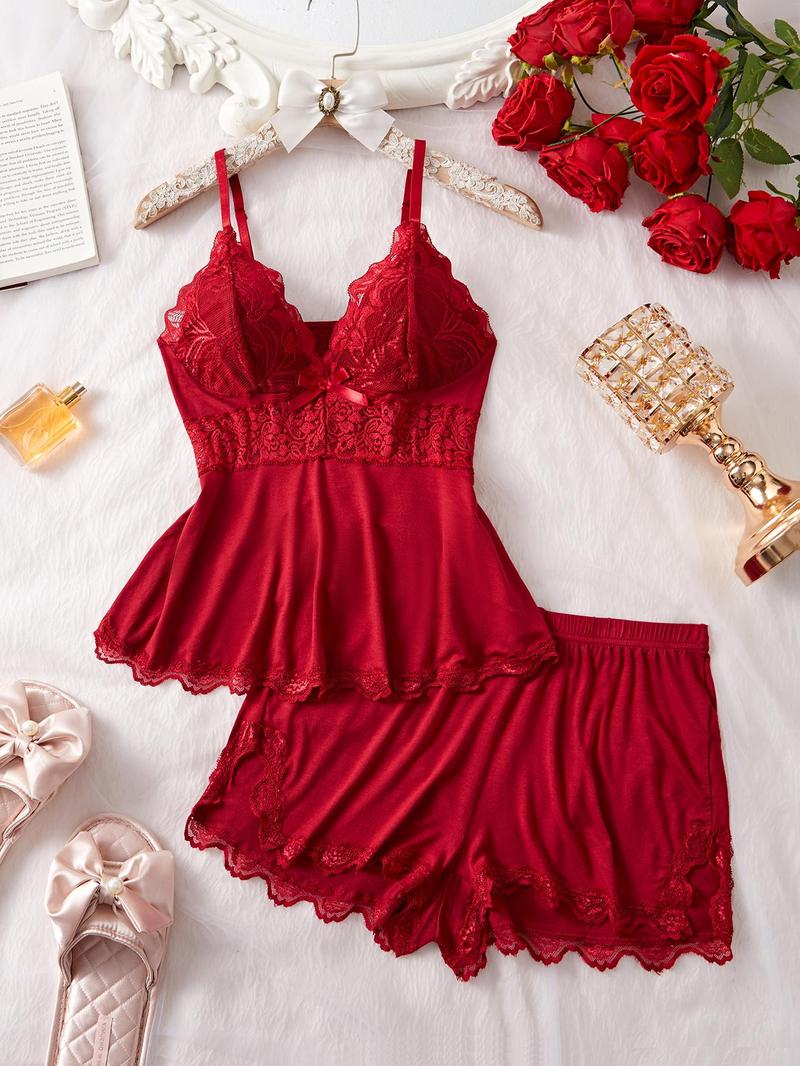 Women's Solid Color Lace Trim Cami Top & Shorts Pyjama Two-piece Set, Casual Comfy Camisole & Shorts Lingerie Set, Women's Sleepwear for All Seasons