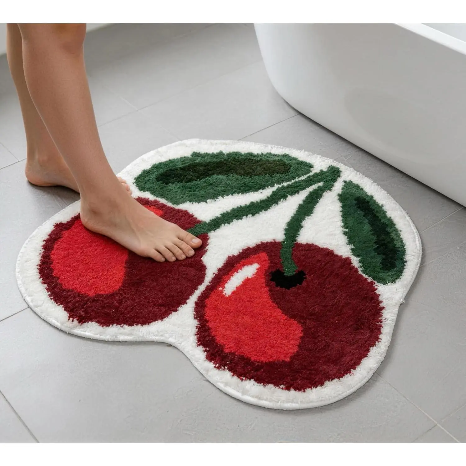Cute Cherry Bath Mat, Non-Slip Absorbent Bath Mat Rug, Funny Cherry Bathroom Decor, Soft Flocked Bathroom Mat with Rubber Backing, 50x60cm