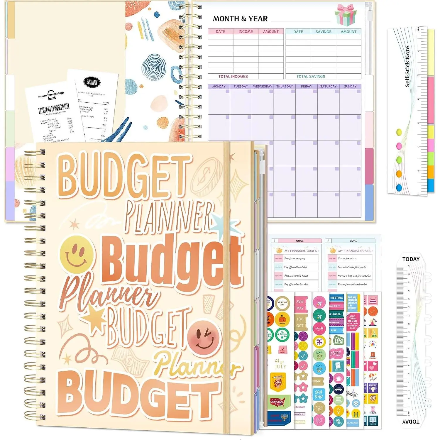 Budget Planner Undated,  Expense  with Pocket & Stickers, Thick Cardboard Cover, Large Pages for Spacious Writing,  Fun Colorful Design, 12 Month Financial Notebook Beige