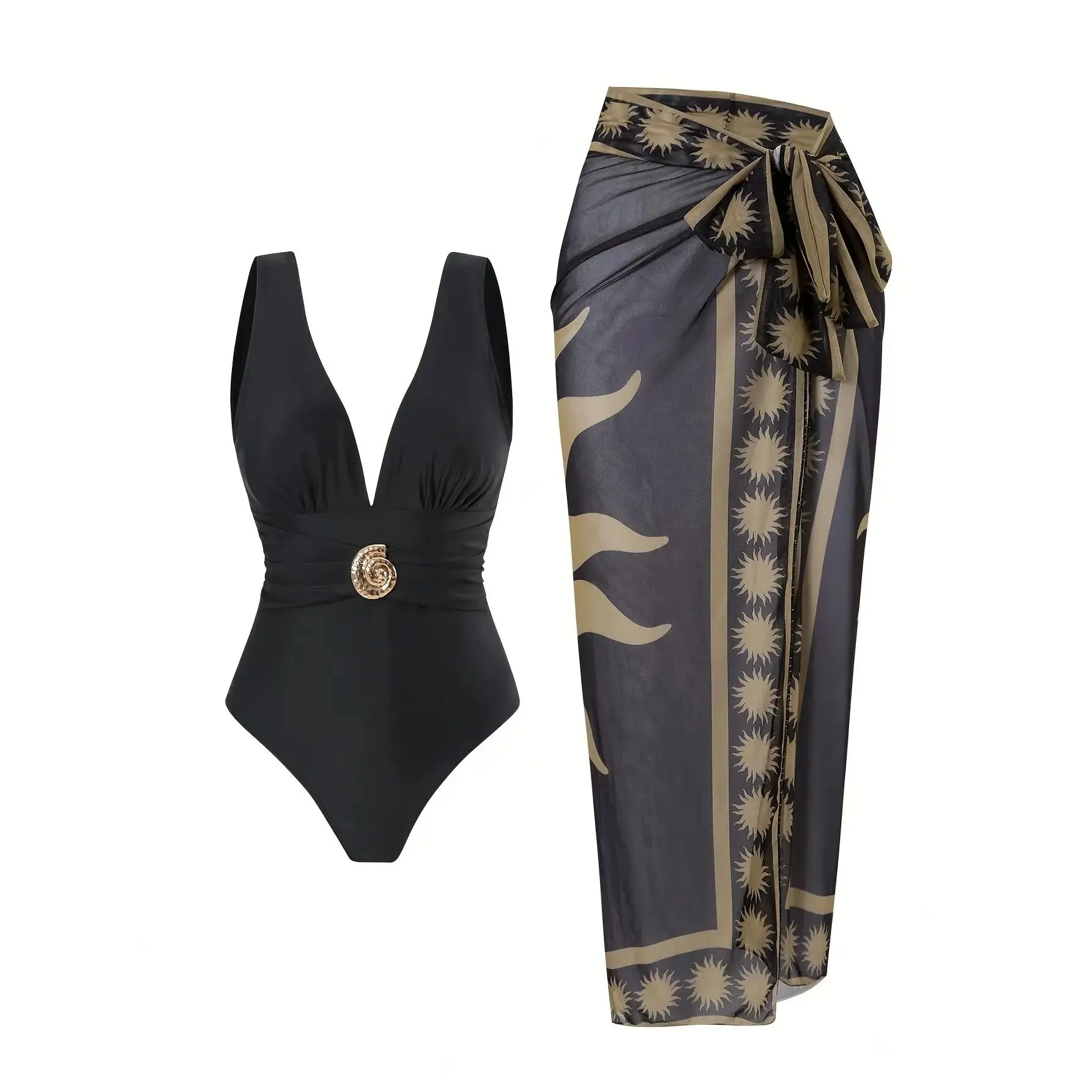 Women's 2-Piece Set: Black Deep V Tummy Control One Piece Bathing Suit & Sun Print Sarong Wrap Cover-Up, Resort Wear Swim Outfit