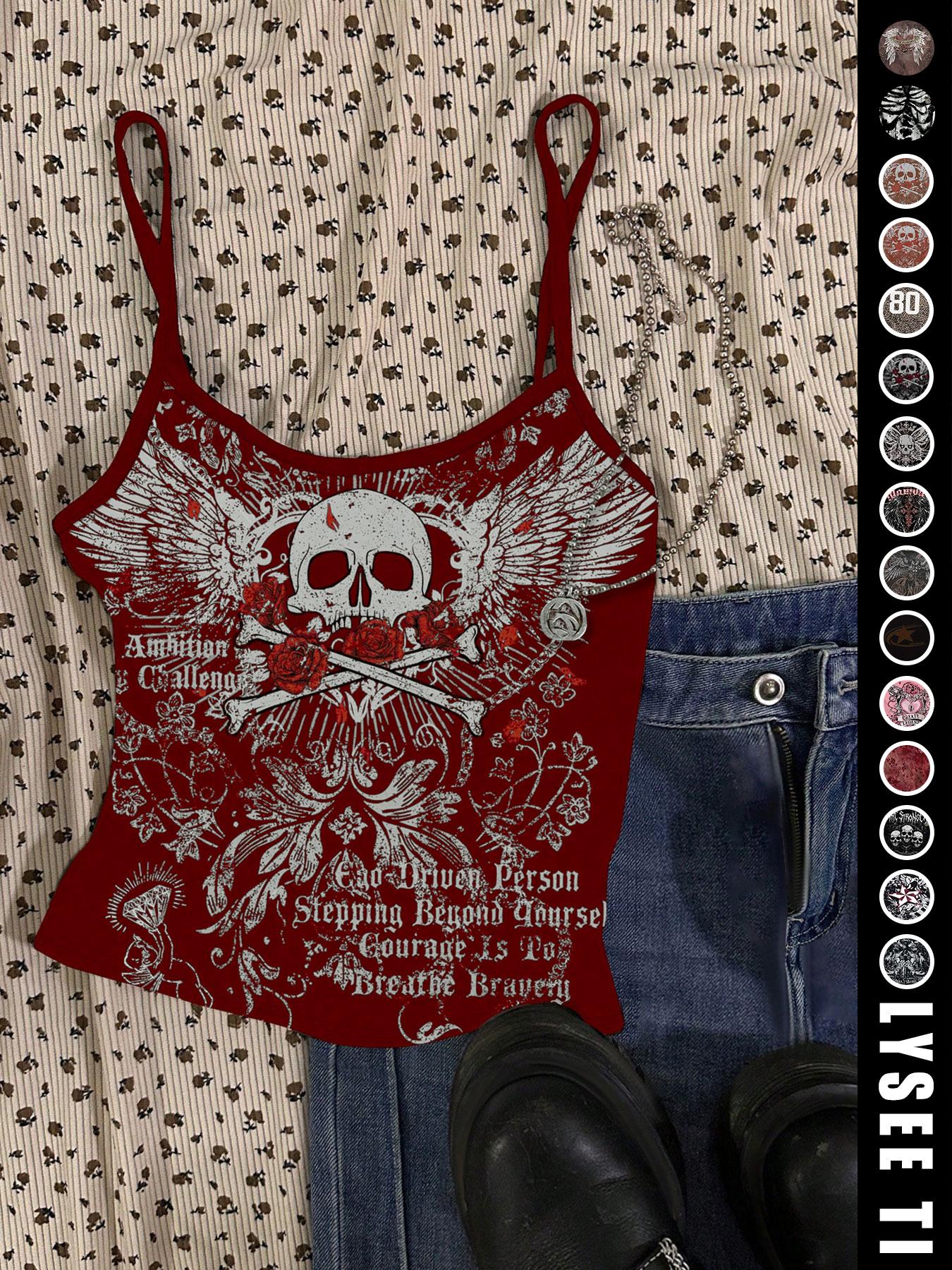Vintage American Casual Slim-Fitting Skull Eagle Print Crop Top for Valentine's Day and Music Festival, Trendy Summer Vest for Women