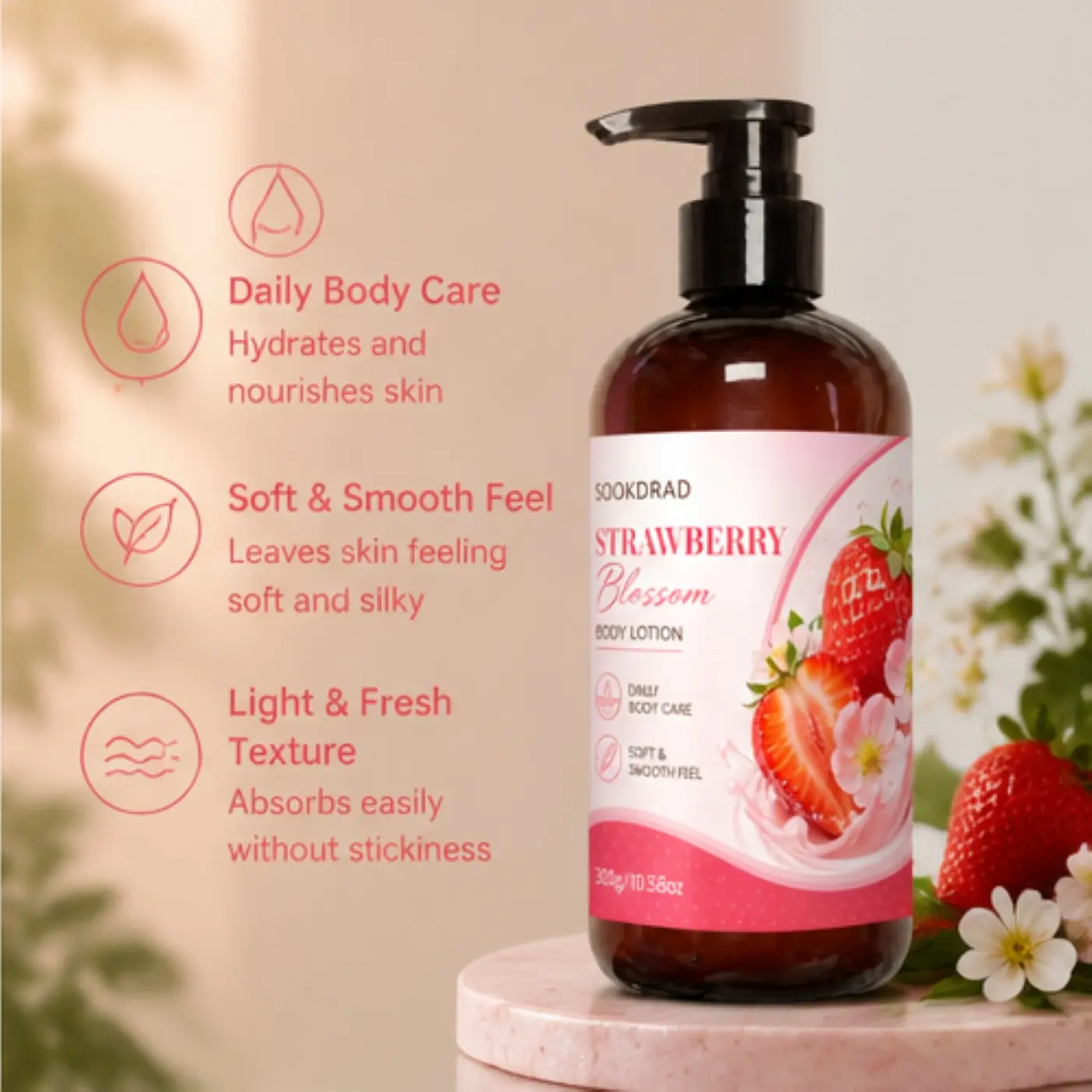 Strawberry Blossom Body Lotion, strawberry blossom, daily body care, soft and smooth feel, for body, 10.58oz