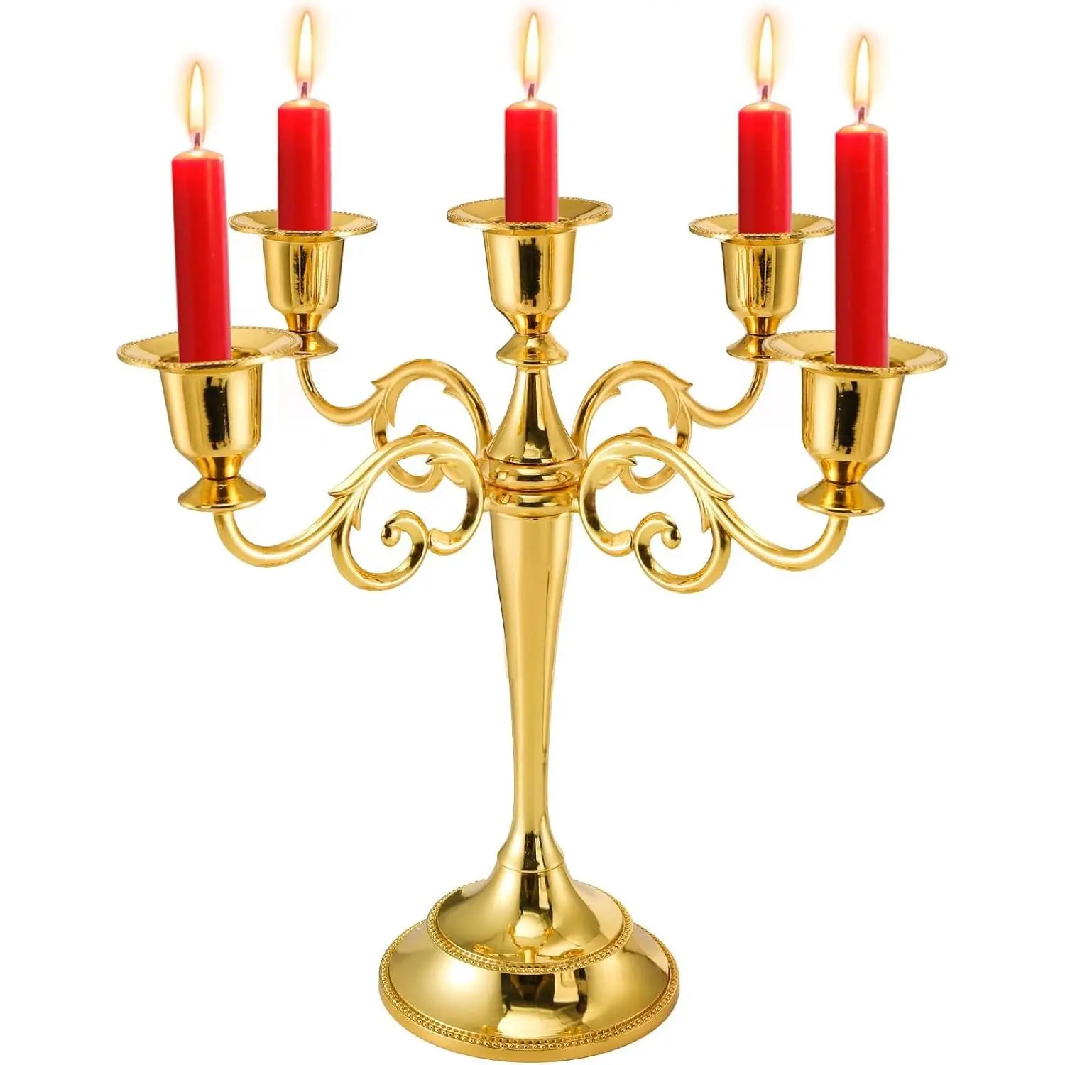 YOUEON 5-Arm Gold Classic Candelabra - 10 in Tall Taper Candle Holder with Light Compatibility, Table Centerpiece for Wedding, Home Decor