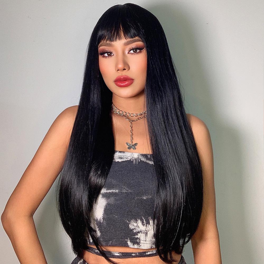 Latest Gray Ombre Straight Hair Wig with Front Fringe High Temperature Synthetic Fiber Easy to Put On Glueless Ventilated European and American Fashion Hair Topper