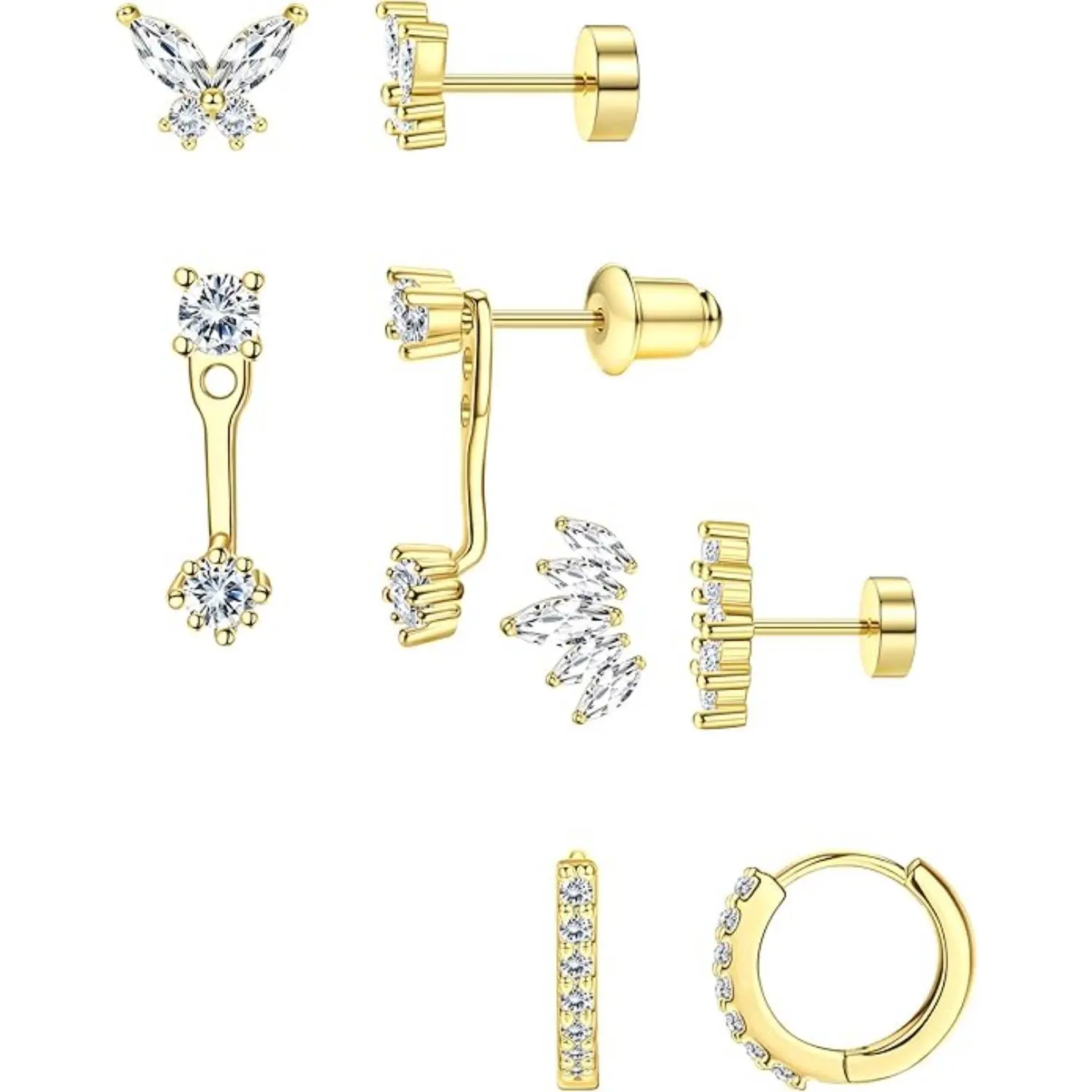 Fansilver 4 Pairs Dainty Earrings for Women Silver/Gold Stud Hoops Earrings Hypoallergenic Surgical Steel Flat Back Earrings Stacks Small Sleeper Huggies Cartilage Earrings Set for Ear Piercing