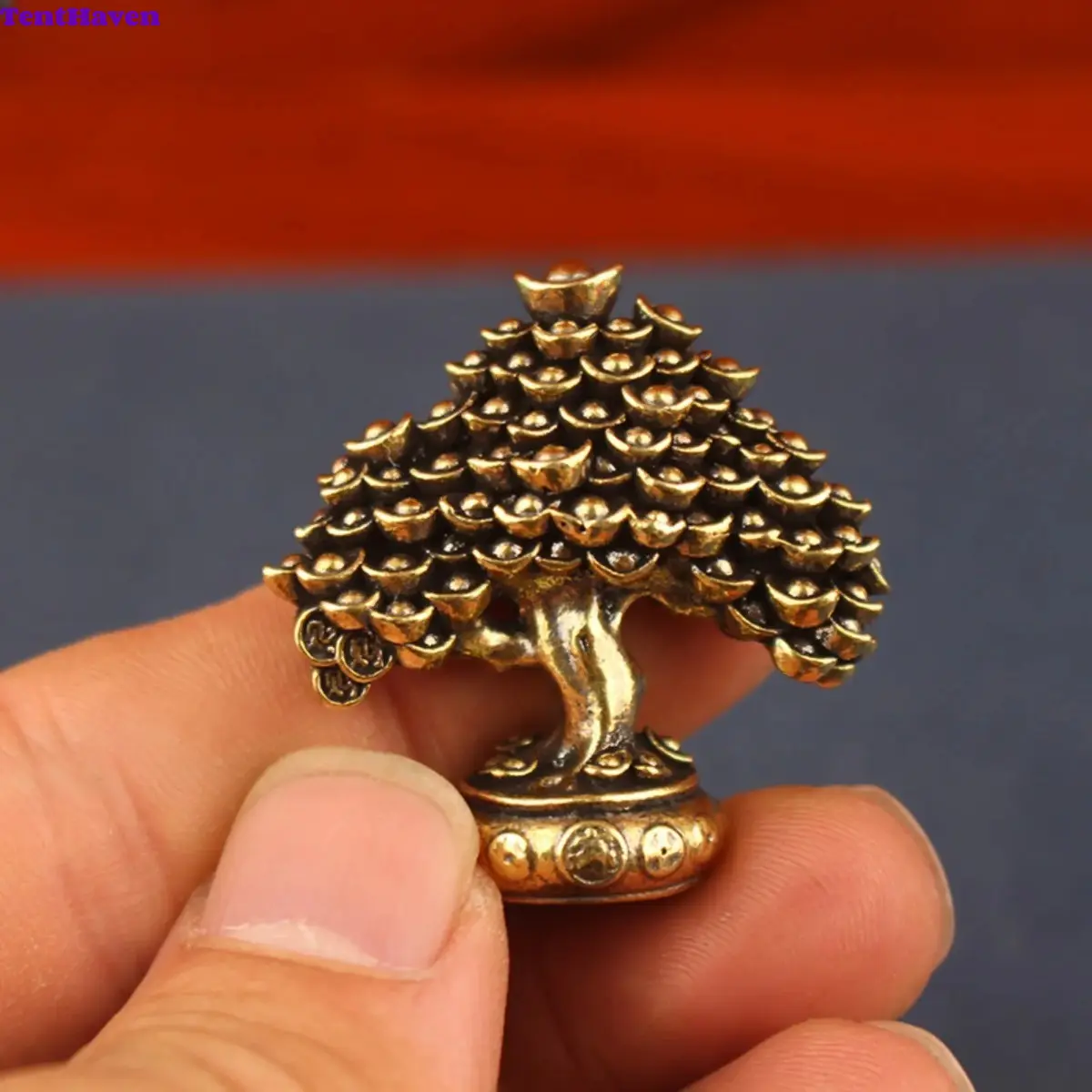 Brass Money Tree Figurines – Feng Shui Wealth Statues, Mini Desk Tea Pet Decor, Solid Metal Yuanbao Coin Fortune Collectible Crafts, Small Vintage Brass Table Ornament for Home Office Use, Solid Brass Material Compact Size Antique Textured Finish, For Tea