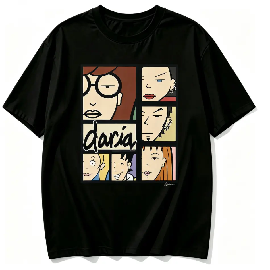 100% Daria Classic Cartoon Character Grid Panel Collage Print T Shirt Retro 90s Animated Show Nostalgic Art Soft Loose Fit Short Sleeve Streetwear Casual White Top