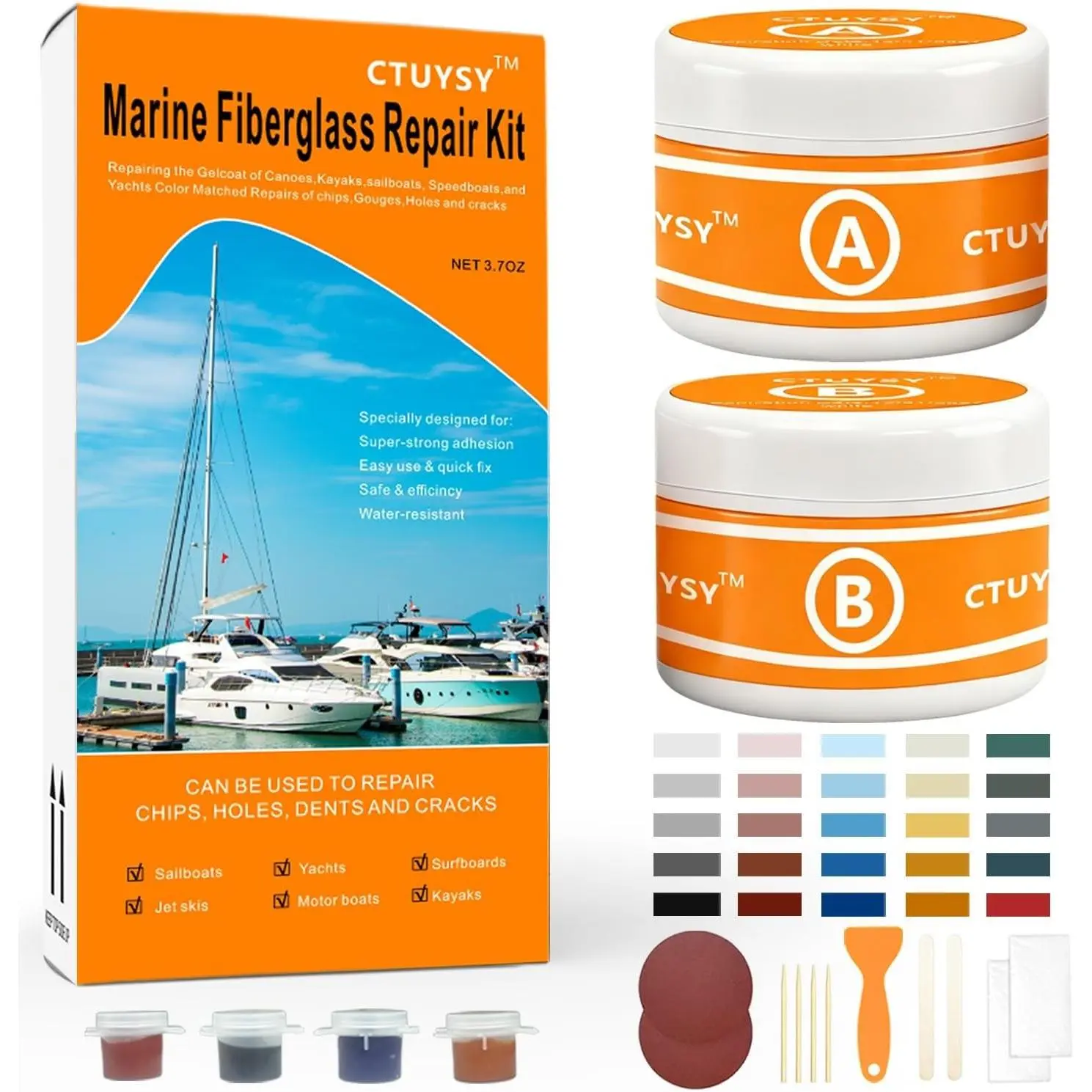Fiberglass Boat Repair Kit, Marine Fiberglass Repair for Boat Hull Color Match, Epoxy Filler & Gel Coat Repair Kit for Fixing Holes Chips Cracks Boat Accessories