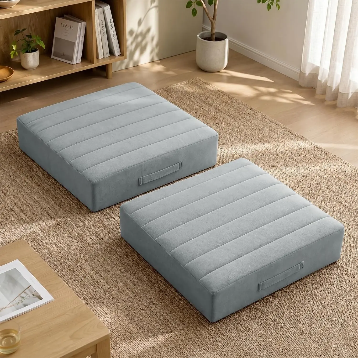 2 Pcs High Density Foam Floor Pillow - Upgraded Large Pillows Seating for Adults - Outdoor Floor Cushion with Soft Tufted Cover - Yoga Pills for Sitting On Floor - 22 Inch Light Gray