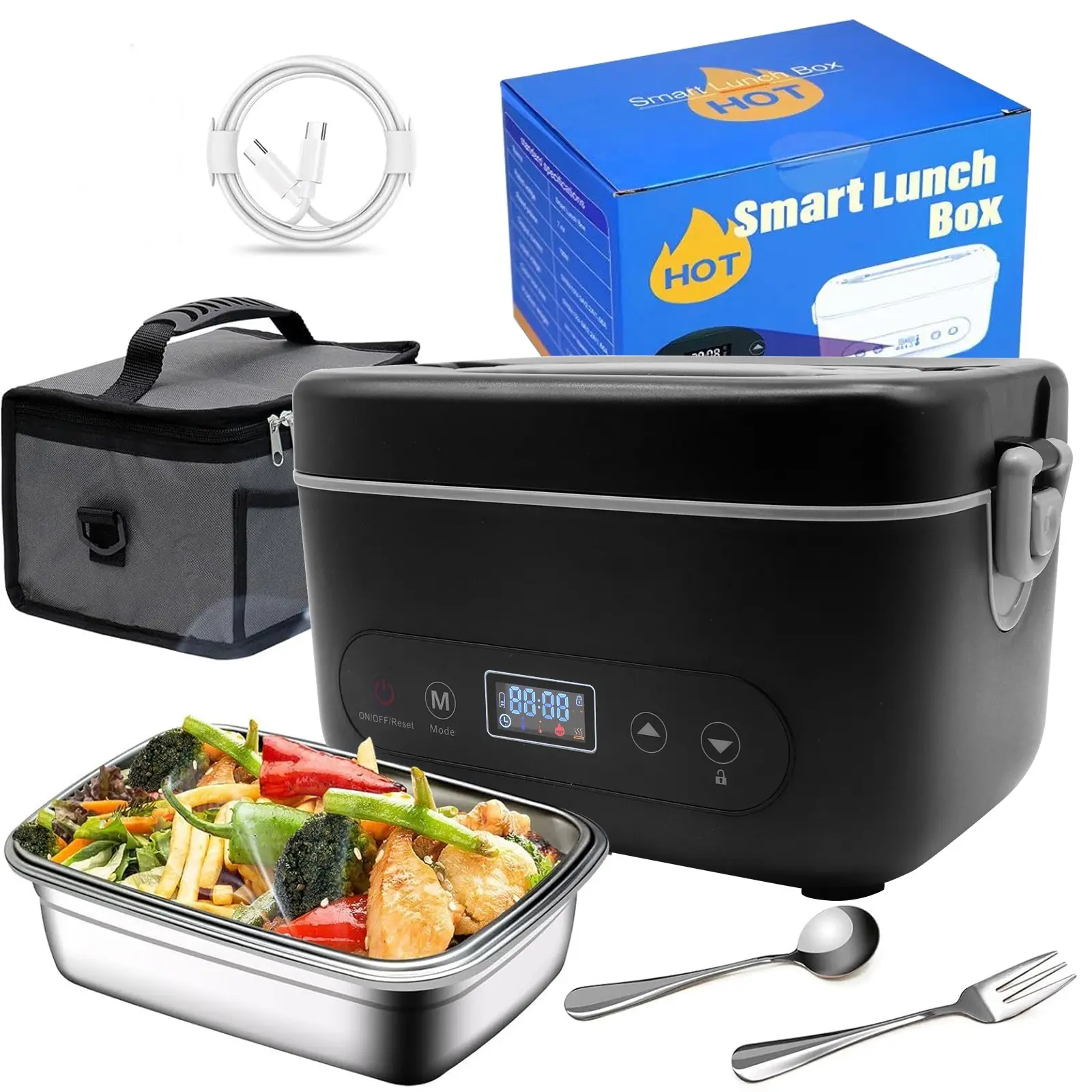 Wireless Heating Lunch Box, Stainless Steel Insulated Meal Set with Lid, 12000mah Battery, 220°f Max Heat, Dishwasher Safe, Office/car Use