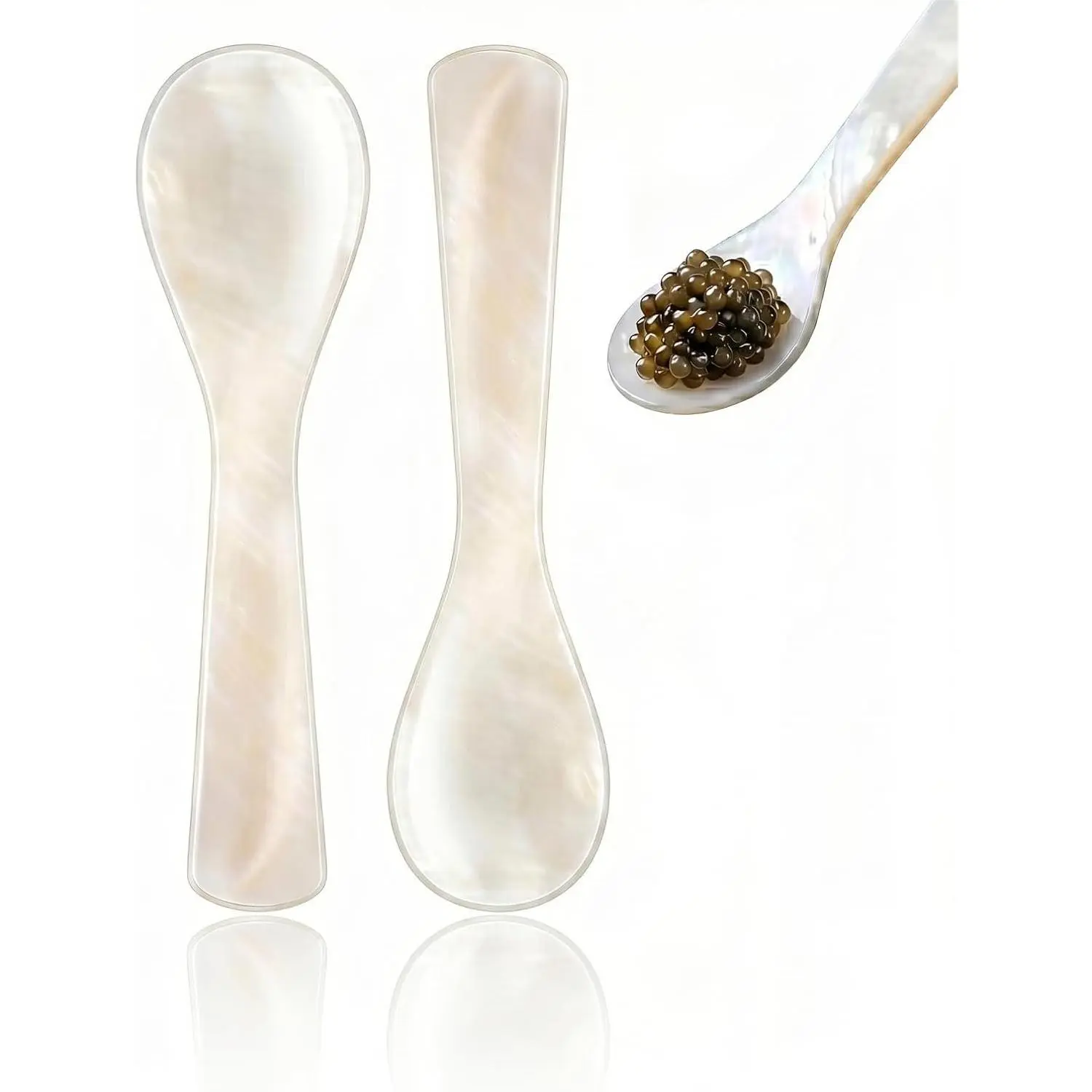 2 Pcs Mother of Pearl Caviar Spoons with Handcrafted Round Handle, 3.54 Inch Shell Spoons for Caviar, Salt, Sauce, Egg, Ice Cream, Coffee, Kitchen & Restaurant Serving Set