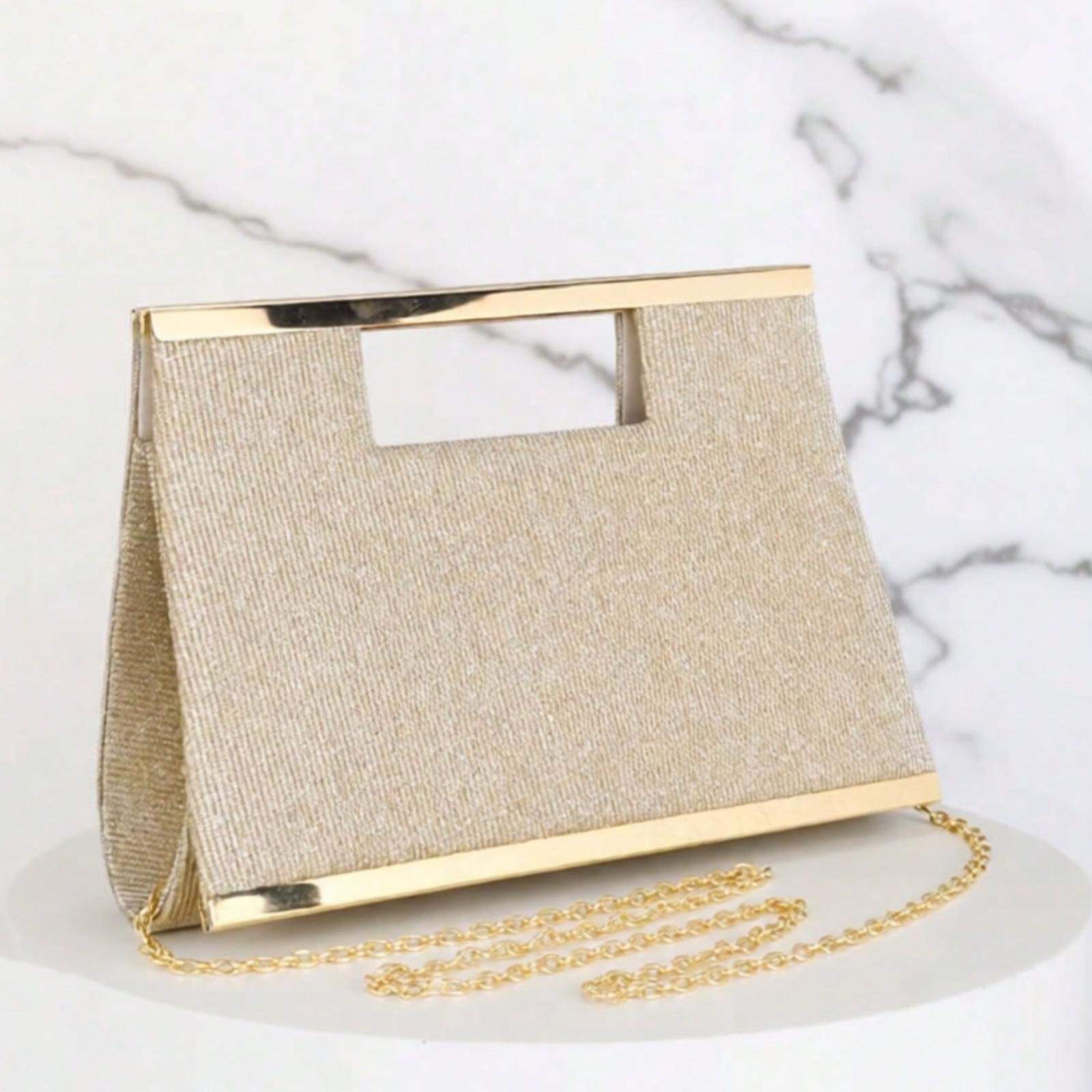 Fashionable Metallic Clasp Evening Clutch, Crossbody Purses Sparkling Gold Metallic Bar Design, Luxury & Elegant Formal Handbag for Gala, Party, Wedding, Includes Detachable Chain