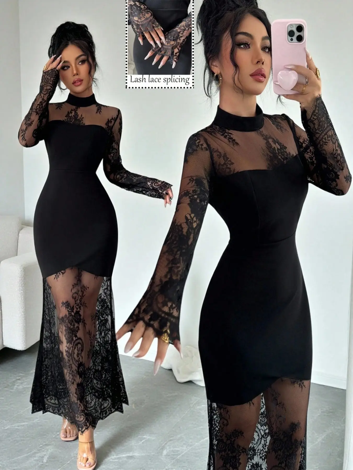Elegant Floral Lace Long Sleeve Dress, Formal Fall Stand Collar Fish Tail Style, Perfect for Evening Events, Weddings, Parties
