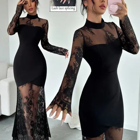 Elegant Floral Lace Long Sleeve Dress Fall Stand Collar Fish Tail Style, Perfect for Evening Events, Weddings, Parties, Wedding Guest Wear