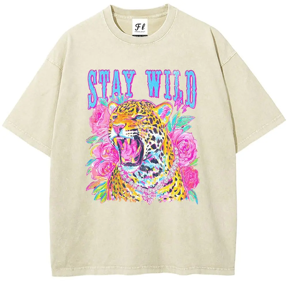 Women's Casual Short-Sleeve Top - Washed Graphic T-Shirt with Tiger and Floral Design