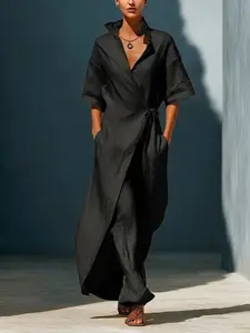 French Lazy Style Short Sleeve Stand Collar Wrap Dress, Textured Linen Material, Waist Tie Beach Dress, Vacation Wear