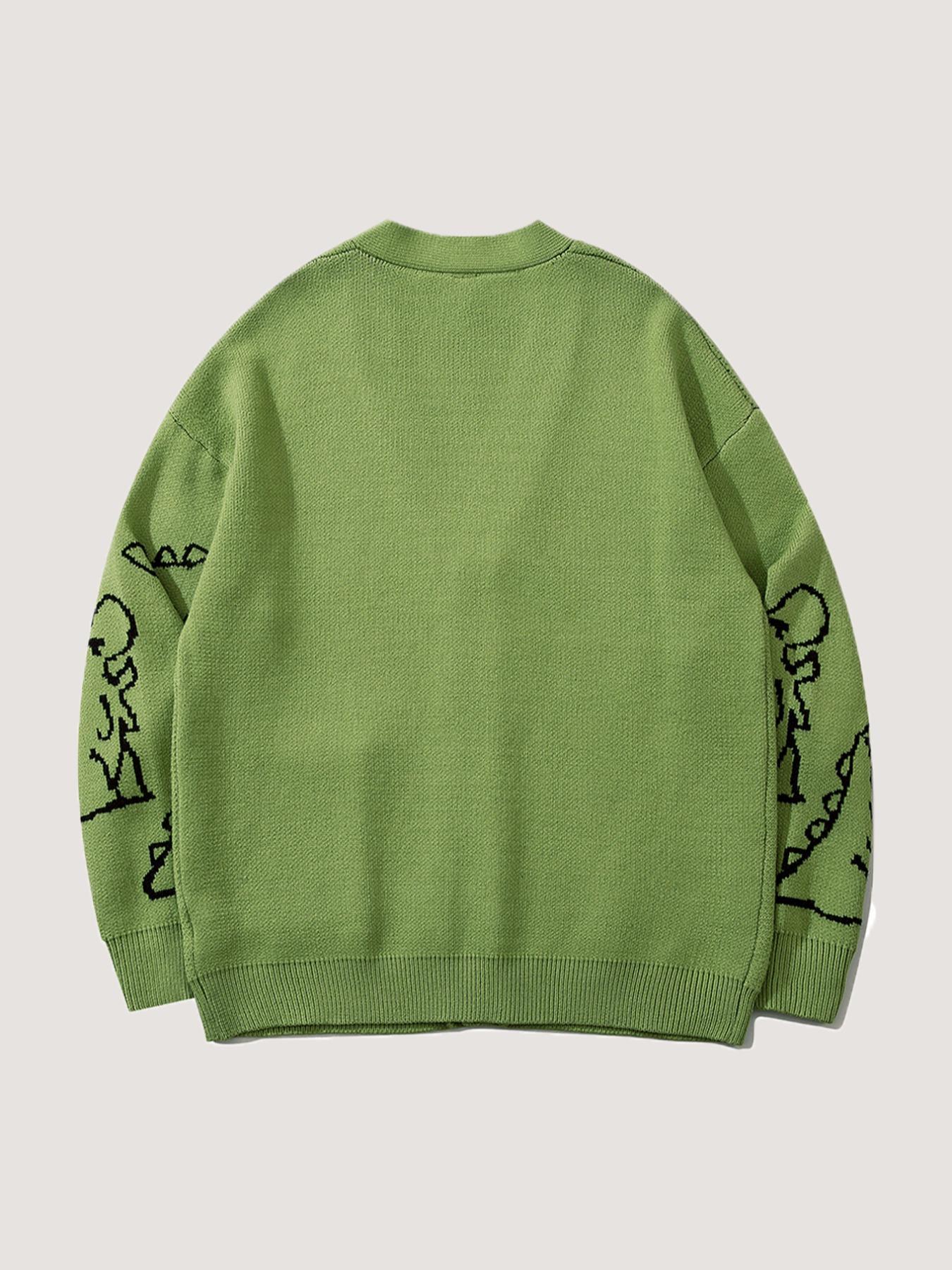 Men's Cartoon Dinosaur Print Pocket Button Front Cardigan, Loose Casual Drop Shoulder Long Sleeve V Neck Knitwear for Spring & Fall, Fashion Men's Knit Clothing for Daily Wear, Cartoon Print Sweater