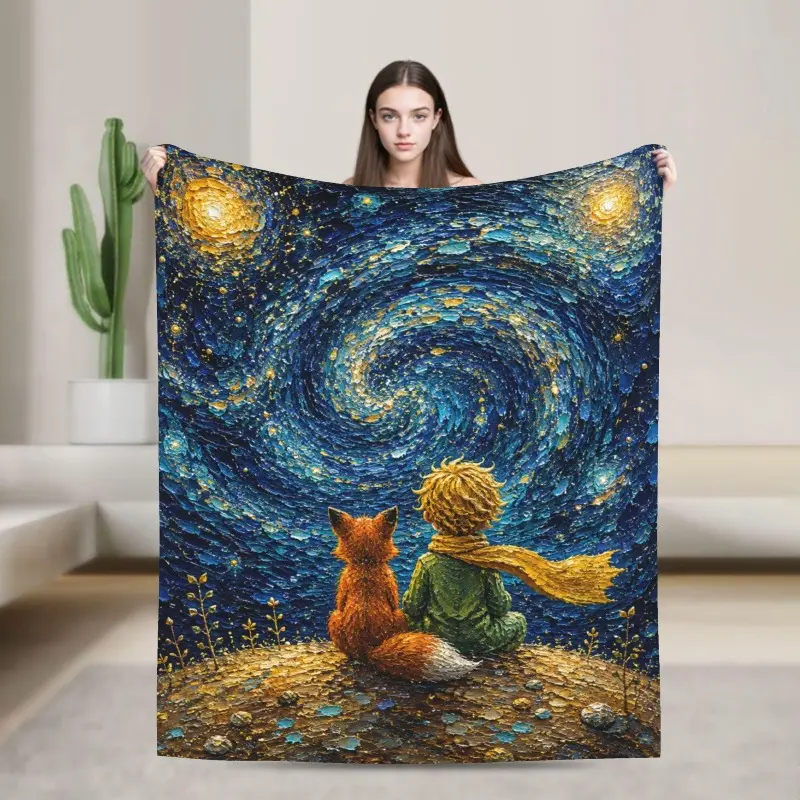 Starry Sky Fox Flannel Fleece Blanket, Dreamy Night Art Throw Blanket, Boy and Fox Cozy Blanket for Sofa Bed Couch, Soft Gift Blanket for Home Decor