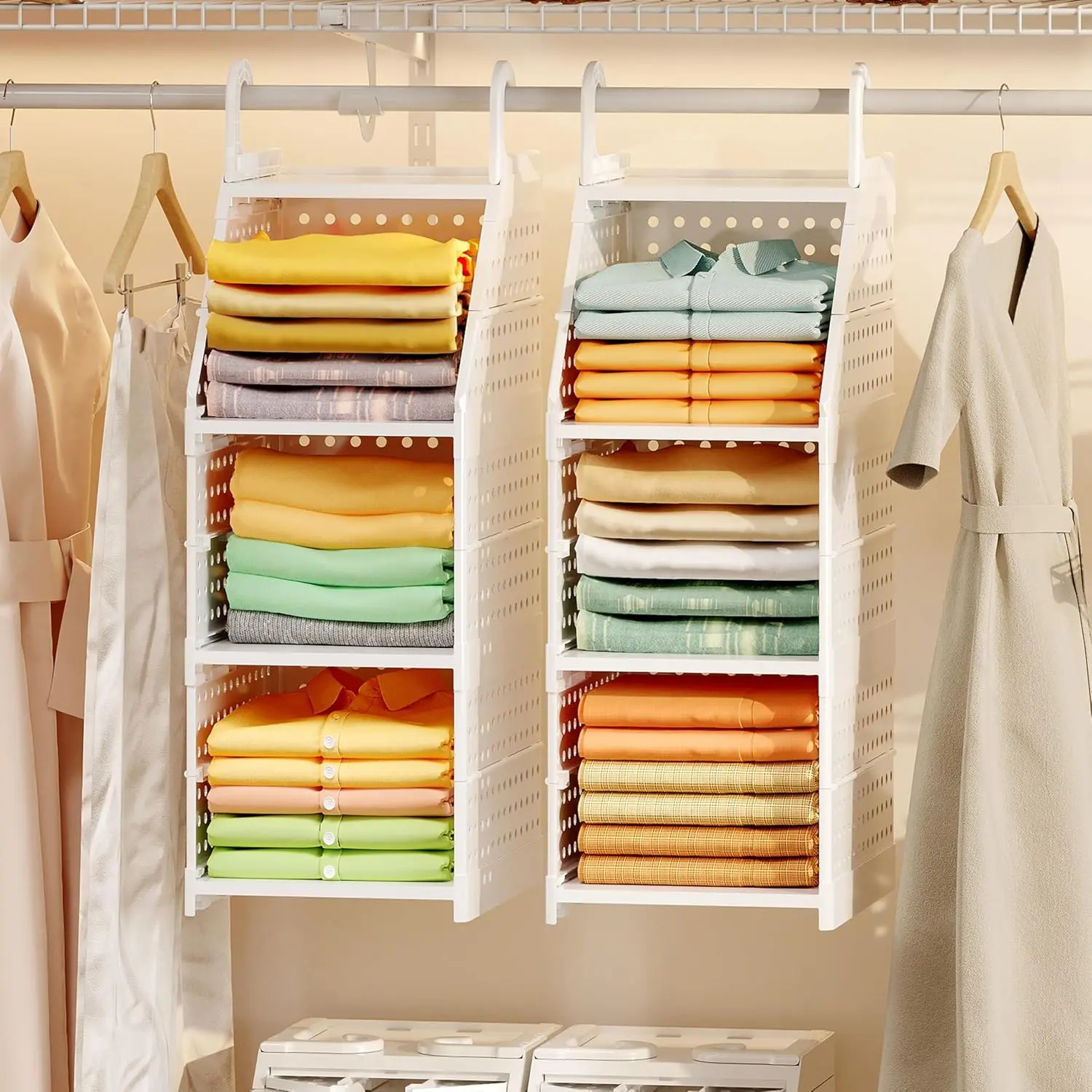 3-Tier Foldable Hanging Closet Organizer, Free-Standing | Closet Hanging Organizer for Wardrobe, Laundry Room, Plastic Hanging Closet Shelves for Clothes, Handbags, Accessories (White)