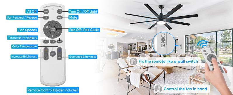 Large Ceiling Fans with Lights and Remote/APP Control, Indoor Outdoor Black Ceiling Fan for Kitchen, Living Room, Patio, 6 Speeds Reversible Quiet DC Motor, 8 Blades
