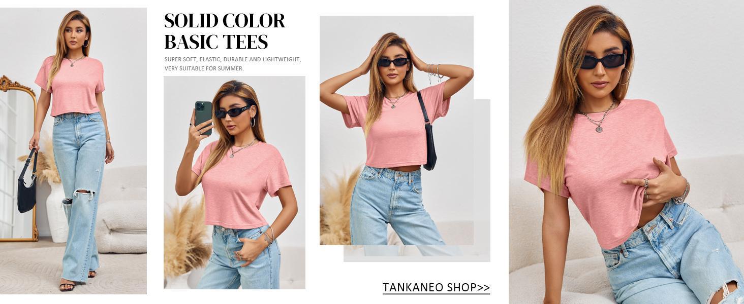 Fashare Women Short Sleeve Cropped T-Shirts Crew Neck Loose Crop Tops Summer Casual Drop Shoulder Basic Tees
