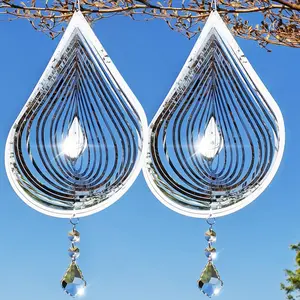 2PCS Wind Spinner 3D Stainless Steel Metal Sculptures Decorations, Water Droplets Wind Sculptures & Spinners, Outdoor Hanging Garden Decoration, Bird Devices Deterrent for Outside to Scare Birds AwayWind Spinner Mandala 3D