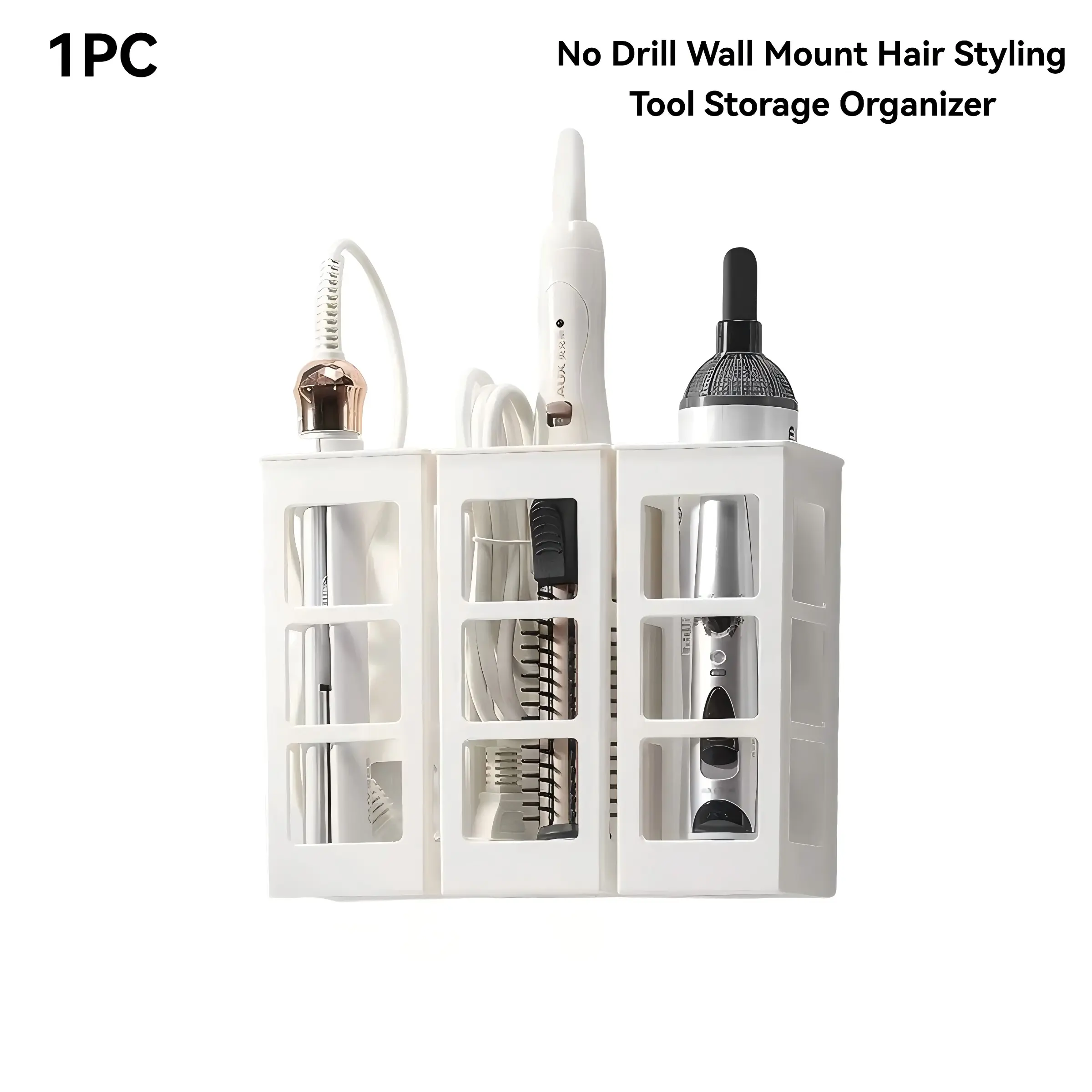 No Drill Curling Iron Holder, Wall Mounted Hair Straightener Organizer, Bathroom Vanity Storage Rack for Hot Tools, Small Bathroom Organization Must-Have, Hair Tool Storage Box for Cabinet Door, Bathroom Organizing Accessories, White/Transparent