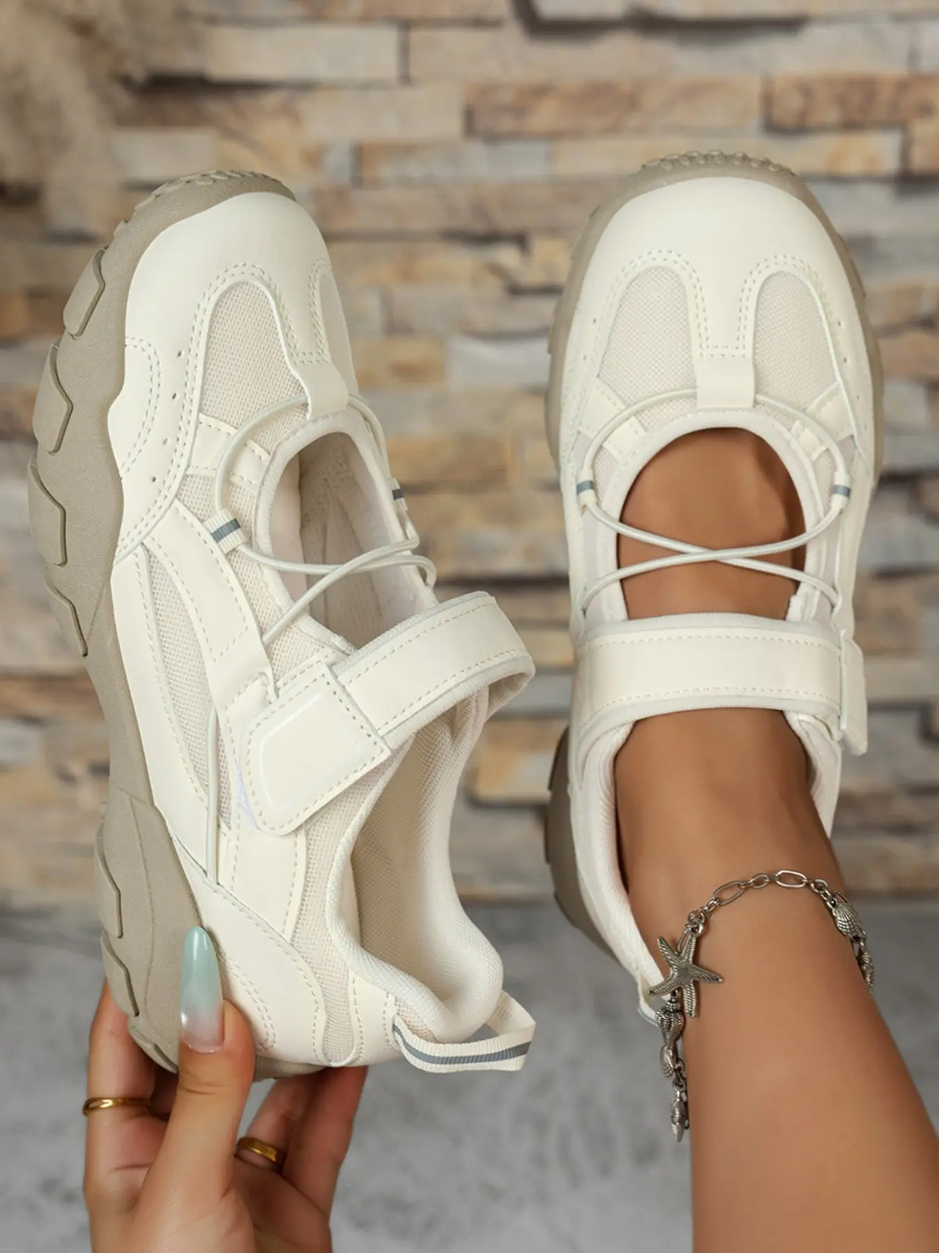 Mesh Mary Jane Women Sneakers, Velcro Thick Sole, Breathable Soft Elastic, Ideal for Students, Daily Commute, Travel, Comfortable Footwear