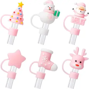 6 Count Christmas Pink Straw Cover Cap for Stanley Cup 40oz/30oz Tumbler, 10mm Reusable Cute Drinking Straw Topper Accessories, Portable Protector Plugs Decorations Gifts for Party Christmas