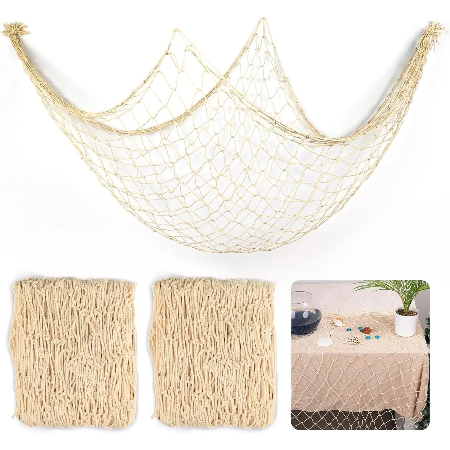 2 count Fish Net Decorations, 39x78 Inch  Nautical Themed Fishing Net, Wall  Photo Display Fishnet for Coastal Bedroom Bathroom, Pirate Hawaiian Beach Under The Sea Party Decor, Beige