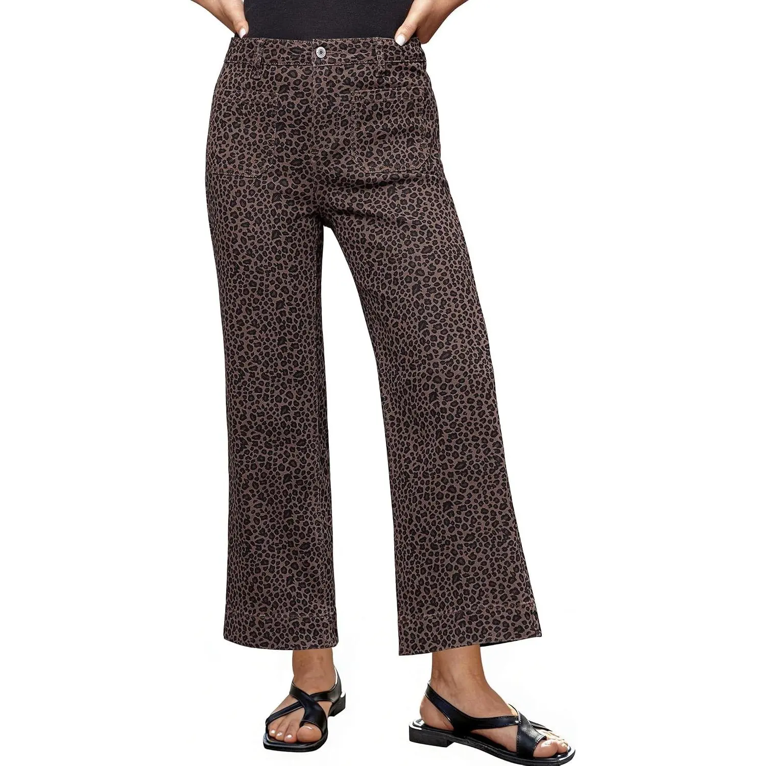 Wide Leg Jeans for Women High Waisted Leopard Cheetah Print Stretch Cropped Denim Pants Patch Pocket Flare JeansGift.