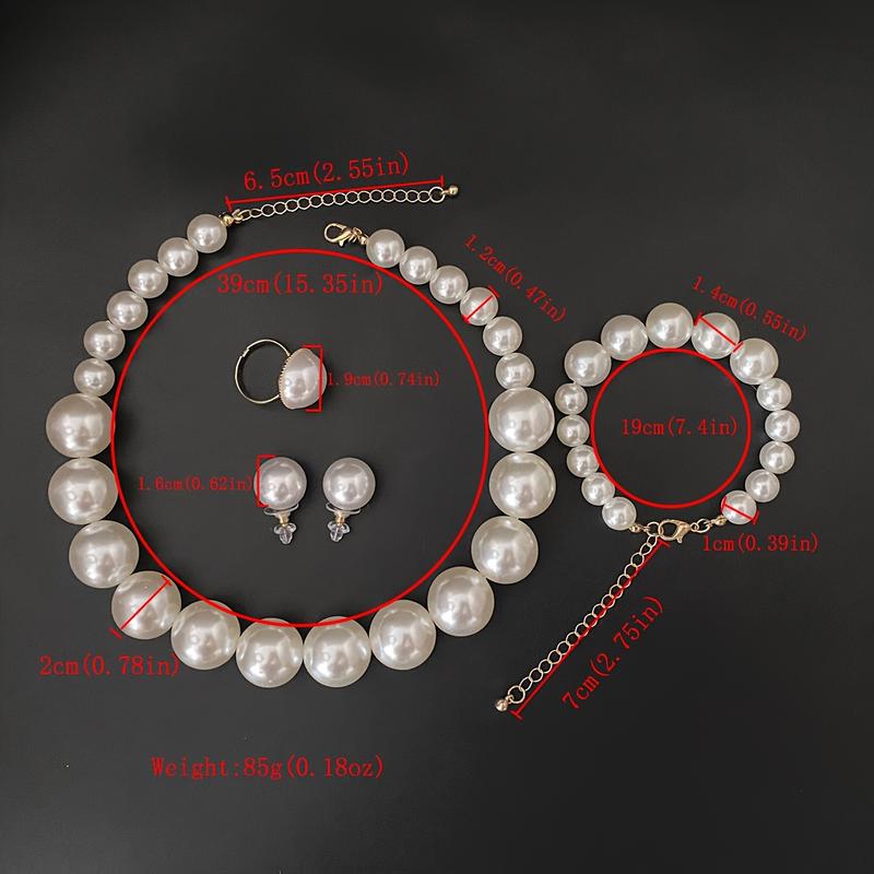 5PCS Elegant Women Faux Pearl Jewelry Set Vintage Necklace, Bracelet, Earrings, and Ring Handmade Adjustable Faux Pearl Pendant Necklace Exquisite Bracelet Engagement Anniversary Jewelry Gift