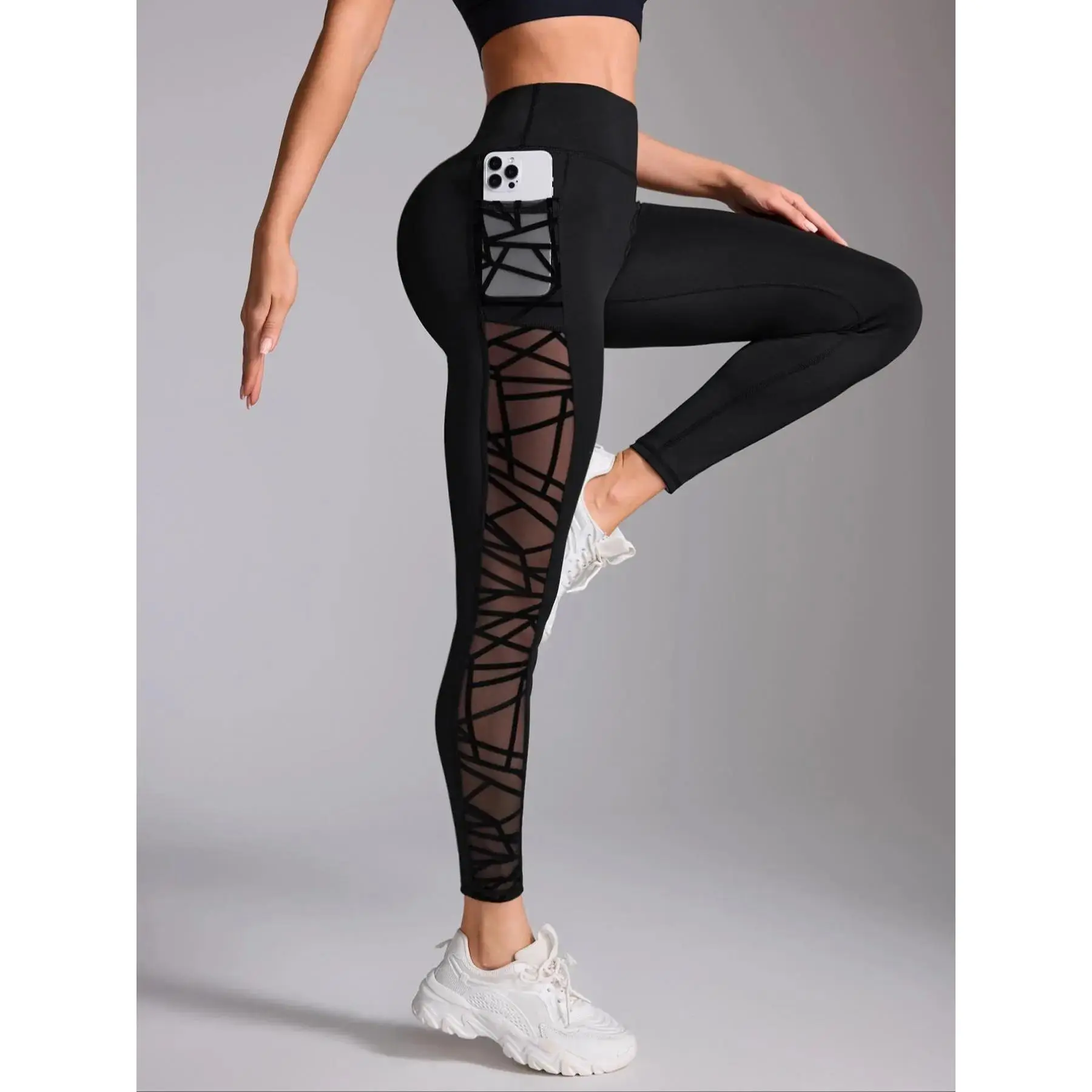Women's Contrast Mesh Sheer Cut Out Leggings, Casual Comfy Breathable Skinny Pants for Yoga Gym Workout, Ladies Bottoms for All Seasons, Comfy Stretchy Leggings, Breathable Activewear Bottoms