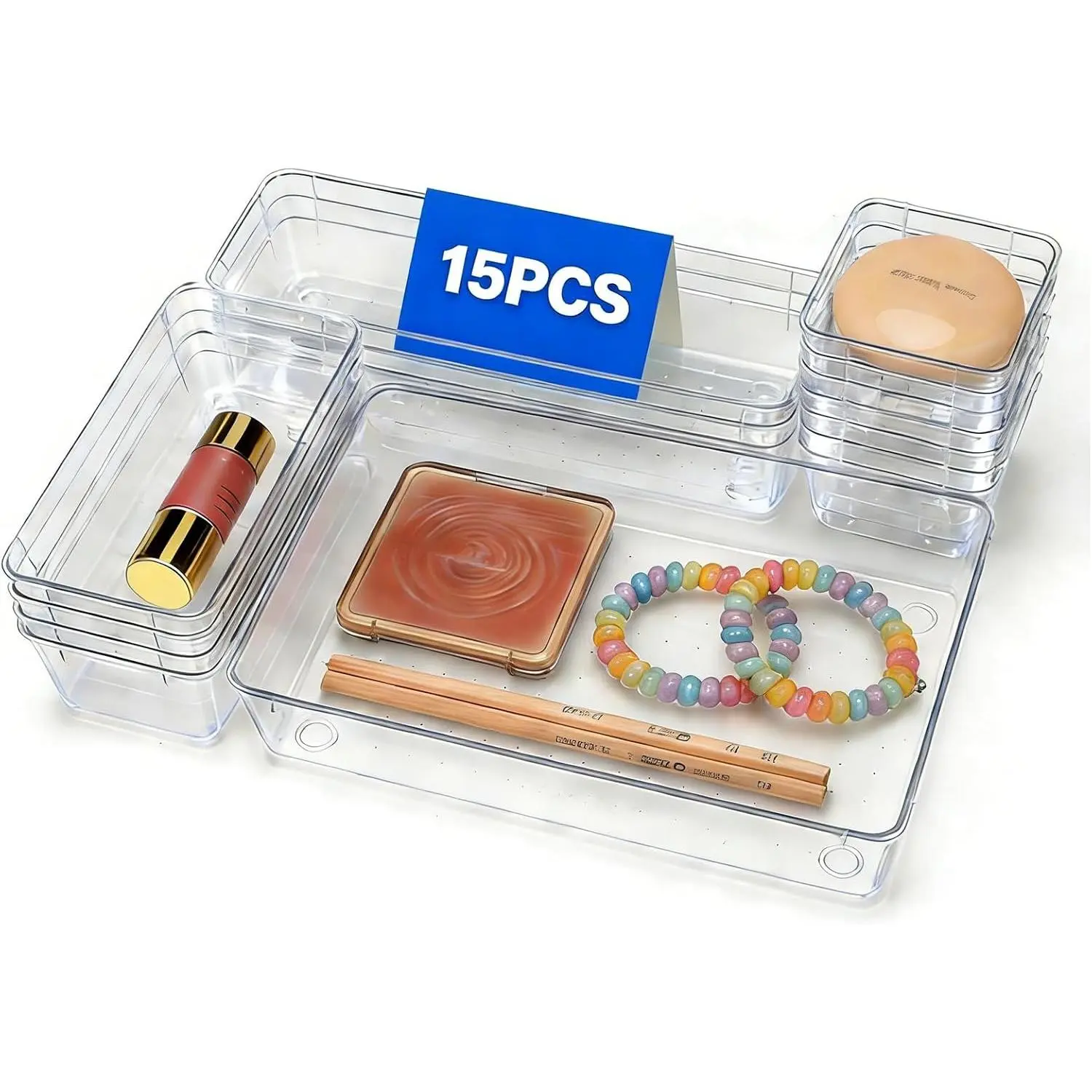15 count Clear Drawer Organizer Set, 4 Sizes Desk Drawer Storage Bins, Divider Trays for Makeup, , Bathroom, Kitchen, Office