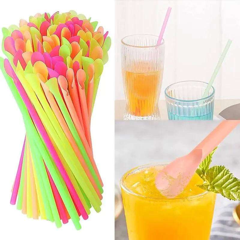 50/100/500Pcs Beverage Spoon Straw Summer Milkshape Smoothie Ice Cream Multicolored Straw Birthday Party Drinkware Accessories