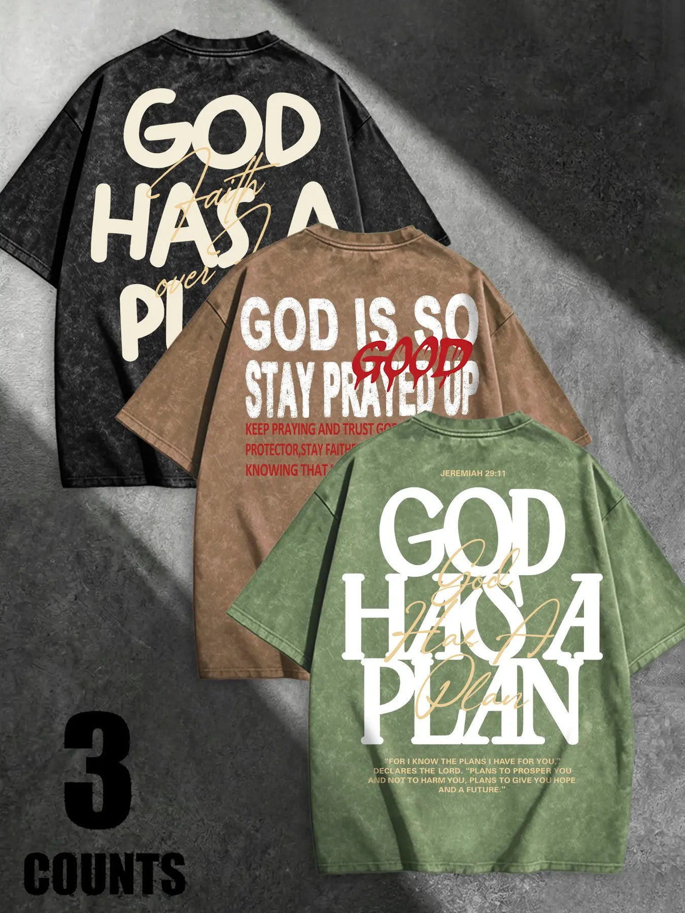 Men's Christian Faith Washed Vintage T-Shirt, "God Has A Plan" Inspirational Text Print Oversized Tee, Casual Religious Streetwear Top #ChristianTee #WashedVintageShirt #FaithInspiredTee #ReligiousStreetwear #TikTokMadeMeBuyIt